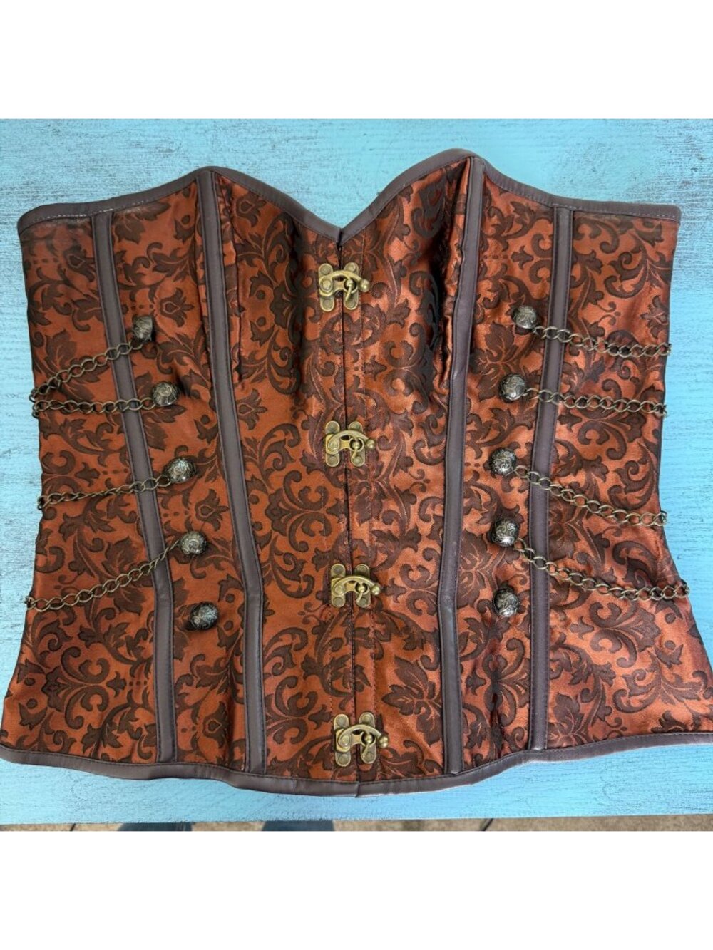 Steampunk-Inspired Brown Corset With Chains & Bronze Clasps - Size 4XL